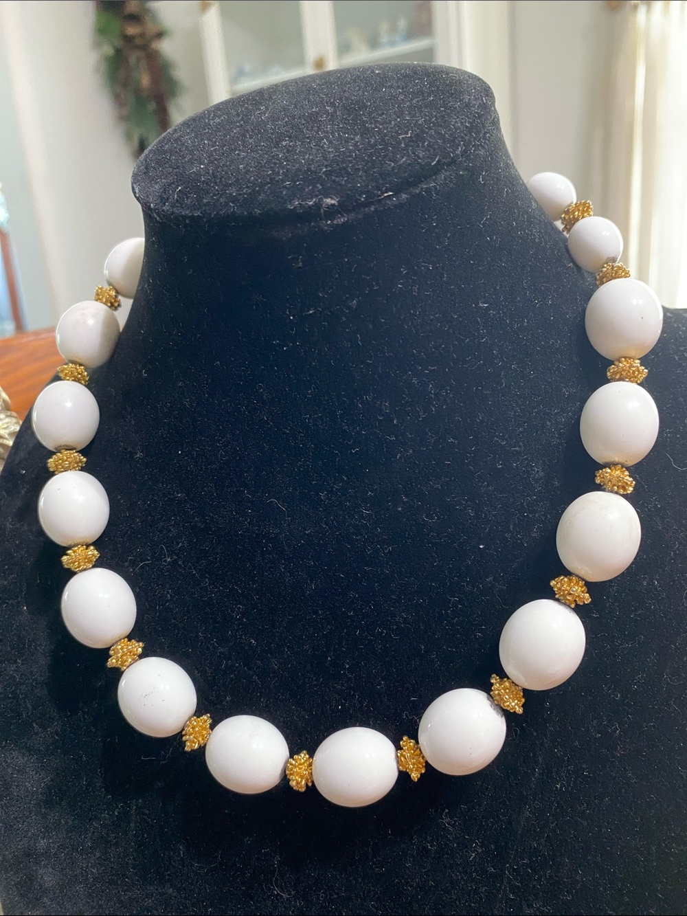 Trifari White Bead Necklace with Gold-Tone Spacers